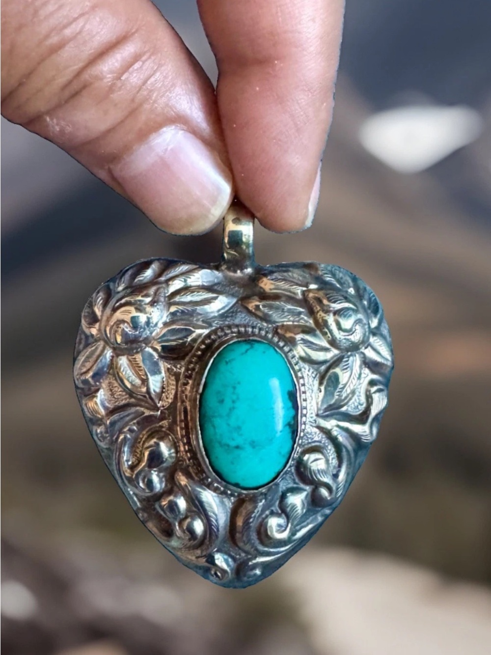 Vintage Style Handcrafted & Carved Heart Shape Silver Turquoise Pendant 2”in,25g